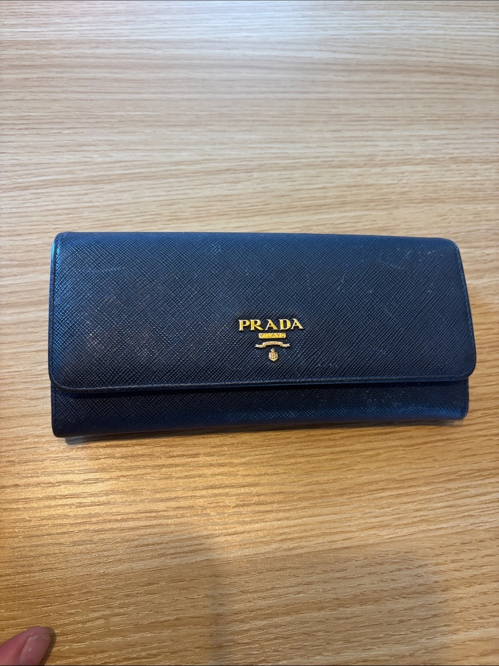 Prada Navy Saffiano Leather Continental Wallet with Gold Logo